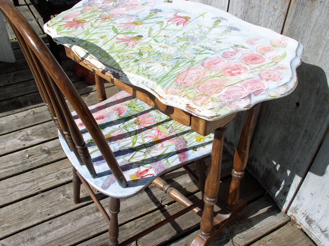 Painted Furniture with wildflowers in watercolor 